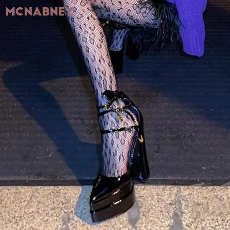 Black Super High-Heeled Platform Pumps Pointed Toe Chunky Heel Fashion Baotou Sandals Niche Ankle Buckle Sexy Women's Shoes