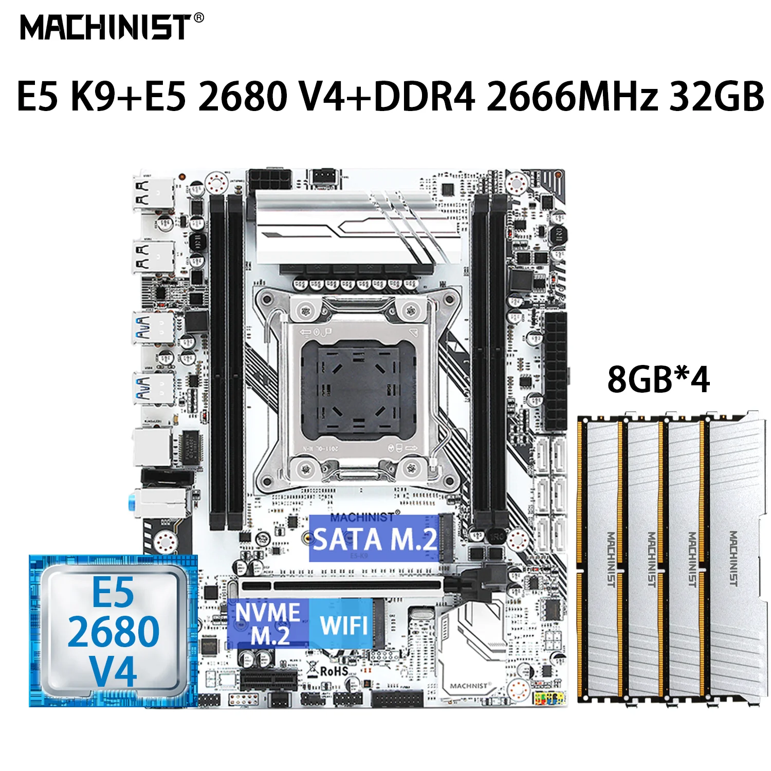 

MACHINIST E5 K9 материнская плата LGA 2011-3 с процессором Intel Xeon E5 2680 V4 комплект ЦП DDR4 4*8 ГБ = 32 Гб 2666 МГц ОЗУ память NVME