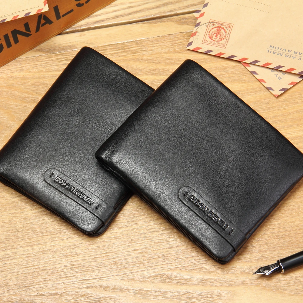 BISON DENIM Super Soft Genuine Leather Men Wallet Brand Luxury RFID Business Card Holder Coin Pocket Purse Best Gift For Men