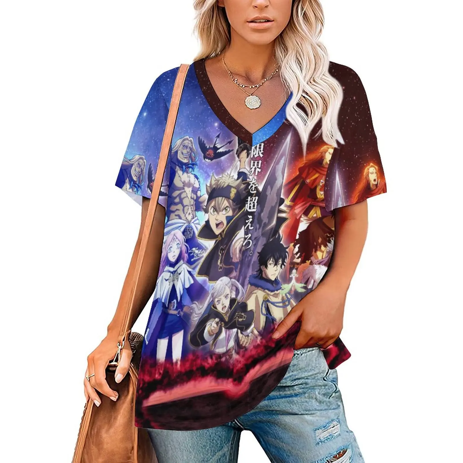 

V Neck Short-sleeve Women Shirt Printed Black Clover 3D Women Print T-shirt