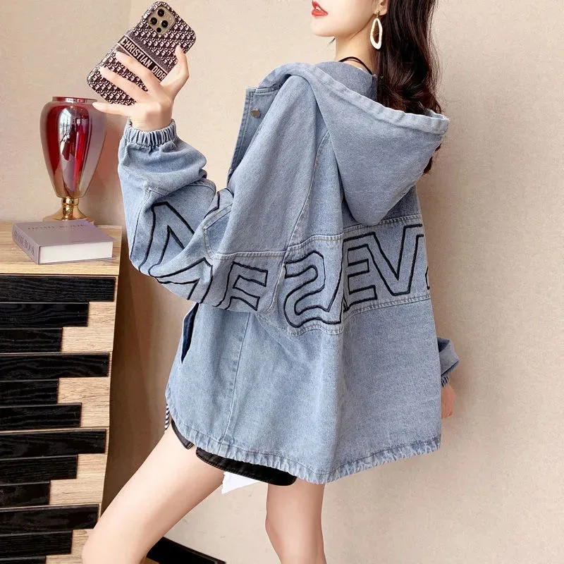 2023 Embroidered Letters Denim Jackets for Women Vintage Hooded Single Breasted Jean Jacket Korean Designer Jackets Streetwear