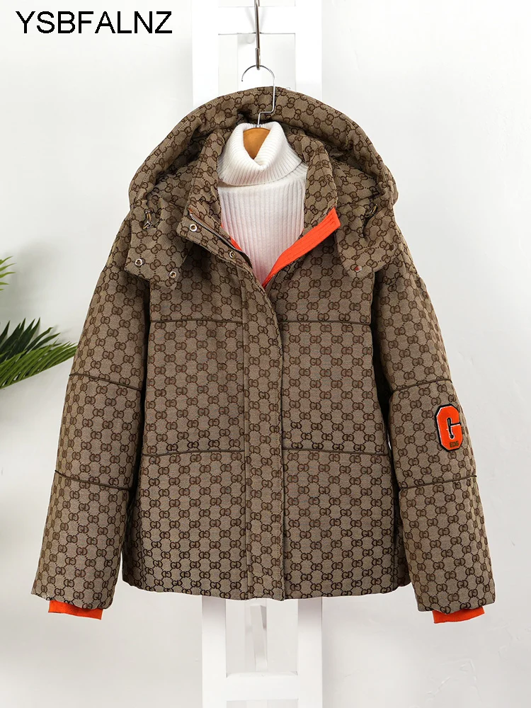 

Abrigos Mujer Invierno 2022 Printing Plaid White Duck Down Coats Thick Short Loose Jackets Removable Hooded Memory Fabrics