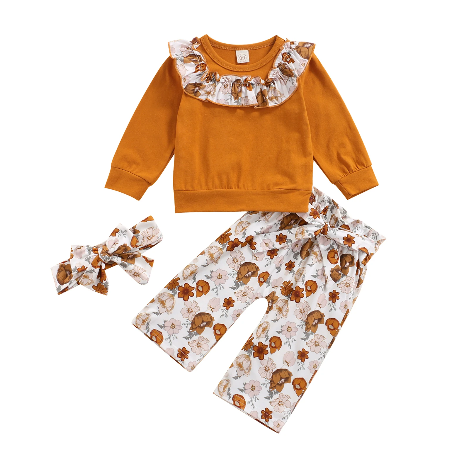 

3 Pieces Kids Suit Set Floral Print O-Neck Long Sleeve Pullover+ Trousers+ Headband for Girls Brown 6 Months-4 Years