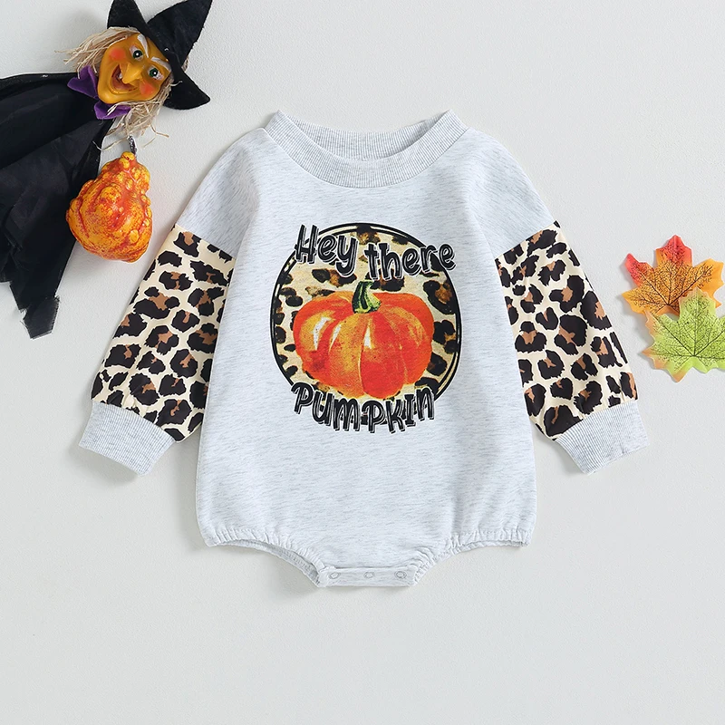 

Listenwind Halloween 0-2Y Baby Girls Casual Crew Neck Romper Long Sleeve Leopard Pumpkin Print Clothes