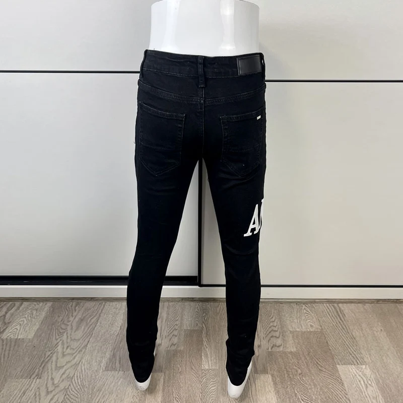 High Street Fashion Men Jeans Black Color Elastic Stretch Skinny Ripped Jeans Men Brand Patches Designer Hip Hop Pants Hombre