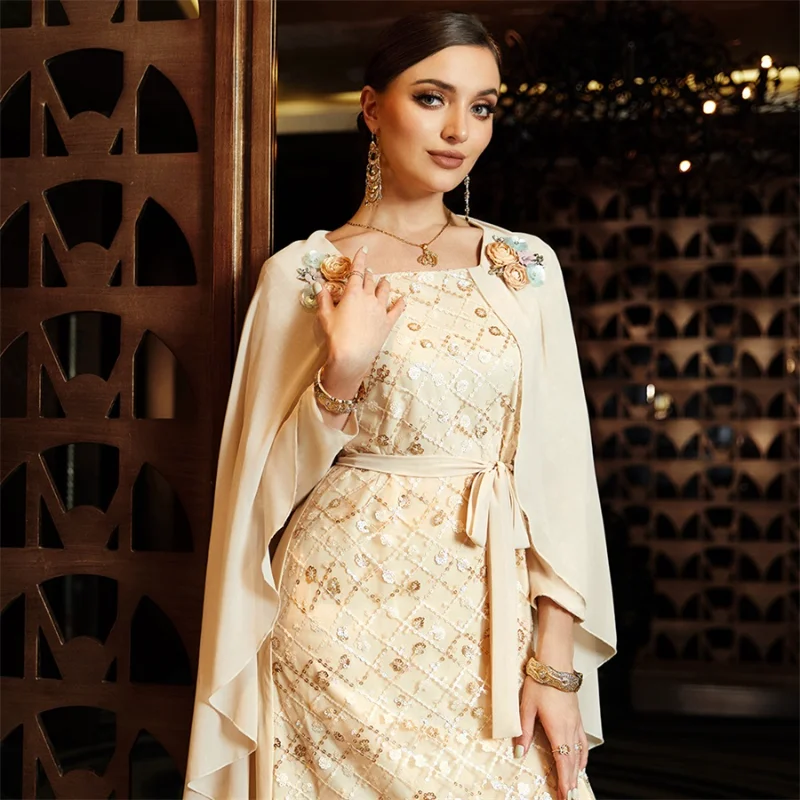 Modest Dress For Woman Rhinestone Luxury Dubai Evening Dress Fashion Sequins Floral Embroidery Guipure Shawl Turkish Dress
