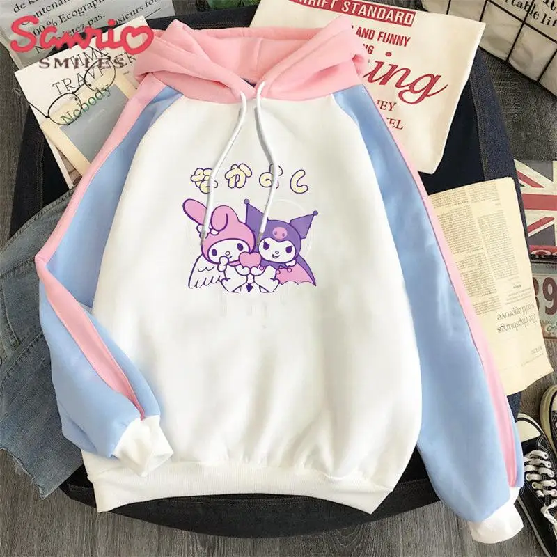 

Новинка, милый свитер Sanrio с аниме Kuromi My Melody, милый Свободный Топ с мультипликационным принтом и контрастными цветами, толстовка с капюшоном ...