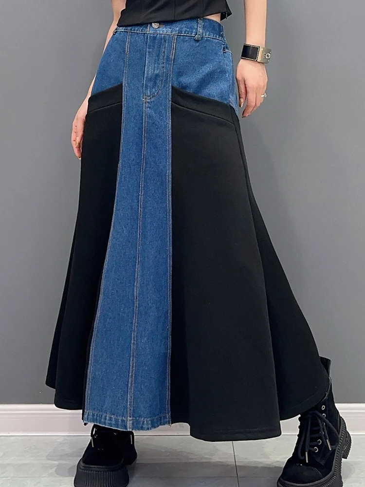 

SuperAen 2023 Summer New Korean Fishtail Skirt Denim Stitching Fabric Fashion Joker Long Skirts for Women