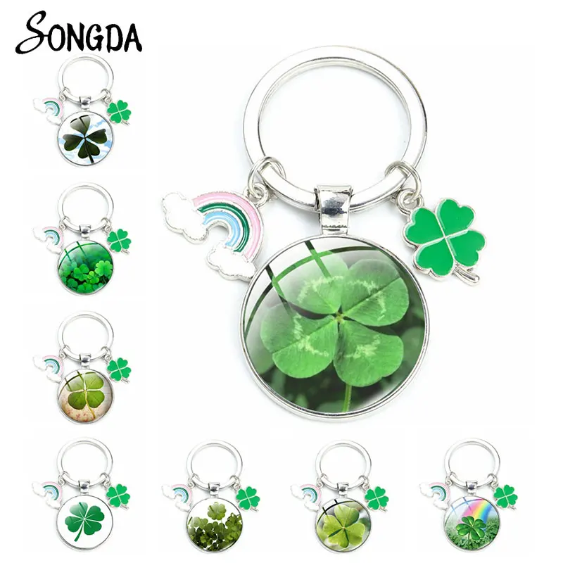 

Lovely Rainbow Lucky Clover Enamel Keychain Four Leaf Clover Art Photo Glass Cabochon Pendant Key Chain Car Bag Key Accessories