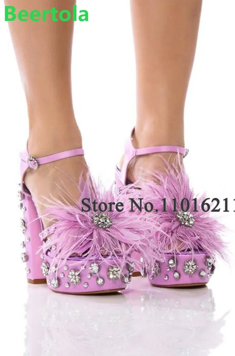 

Flower Crystal Feather Luxury Design Platform Sandals For Female Women 2023 New Arrivals Square Heel Buckle Strap Elegant Shoes