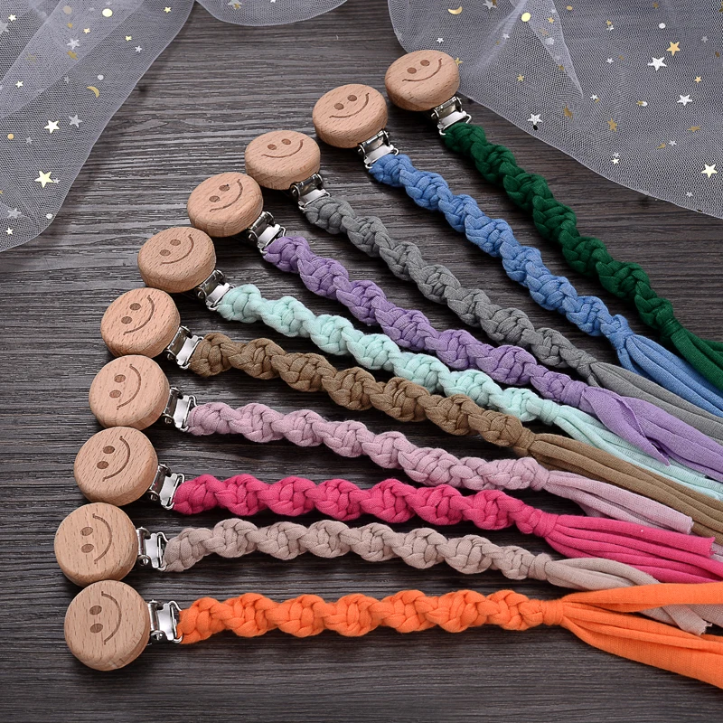 

Baby Wooden Pacifier Clips Handmade Woven Cotton Rope Nipple Chain For Baby Soother Teething Chain Nursing Chew Toys Shower Gift