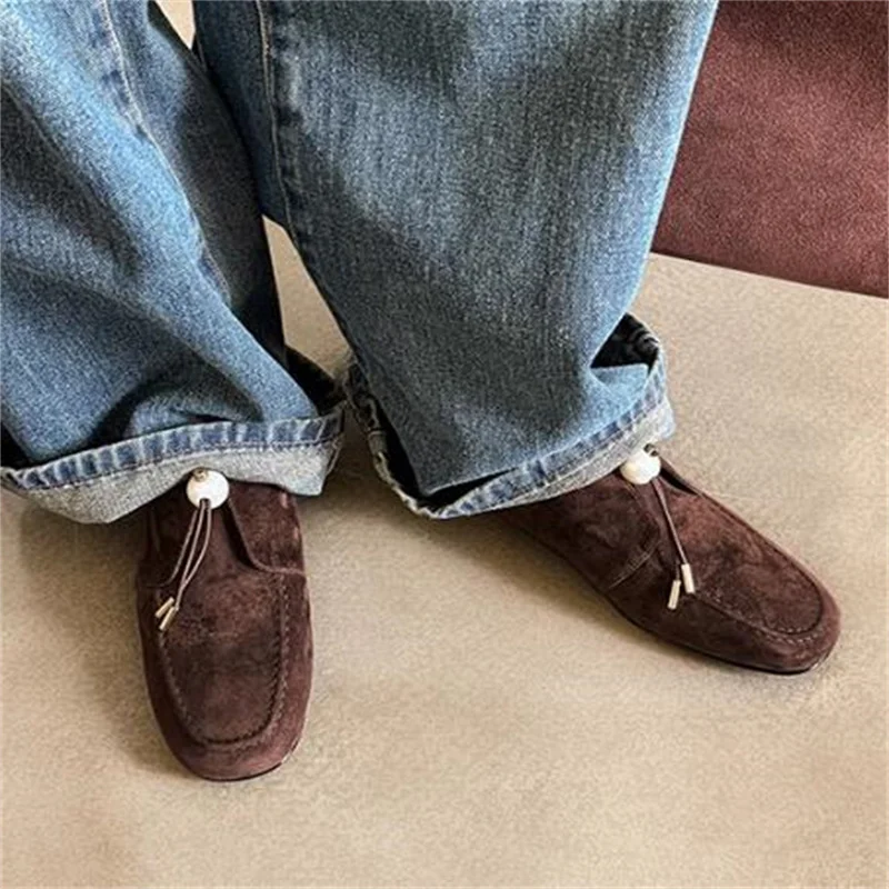 Женские туфли с жемчугом лоферы круглым носком на Плоском Каблуке бархатные