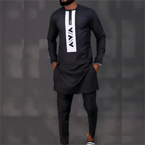Dashiki Homme Men's 2 Piece Outfit Long Sleeve Shirt and Pants Ethnic Suit Men African Traditional Clothes Muslim Dress