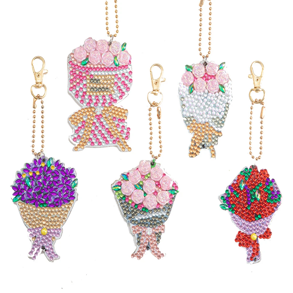 

5Pcs Flowers Diamond Painting Keychain DIY Diamond Painting Art Mosaic Keyring Women Bag Pendant Decor Gift