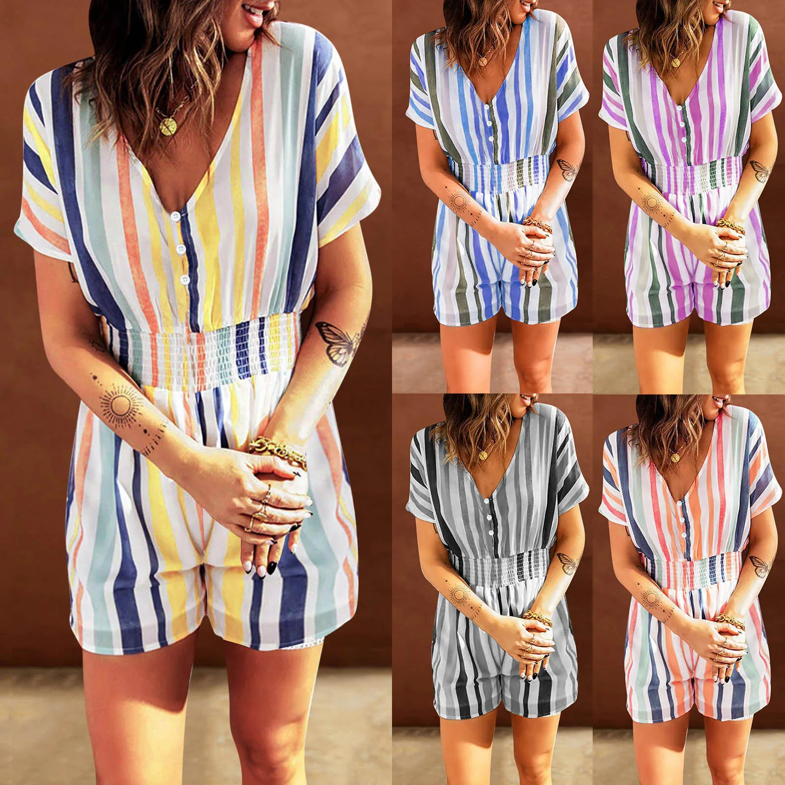 

Jumpsuit Women 2022 Fashion Striped Casual Short Sleeve V-neck Playsuit Summer Elastic Waist Print Button Jumpsuits Rompers Lady
