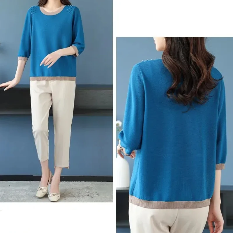 Простые офисные женские весенние пуловеры с круглым вырезом контрастной