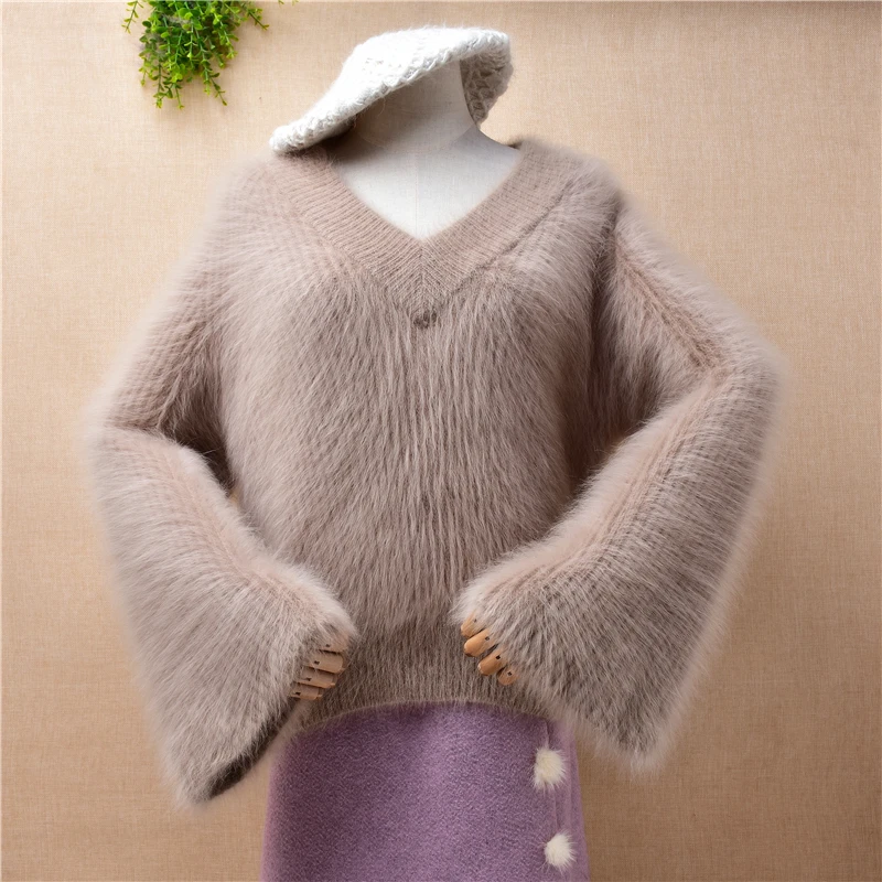 

female women autumn winter thick warm hairy mink cashmere knitted striped v-neck loose pullover angora fur jumper sweater pull