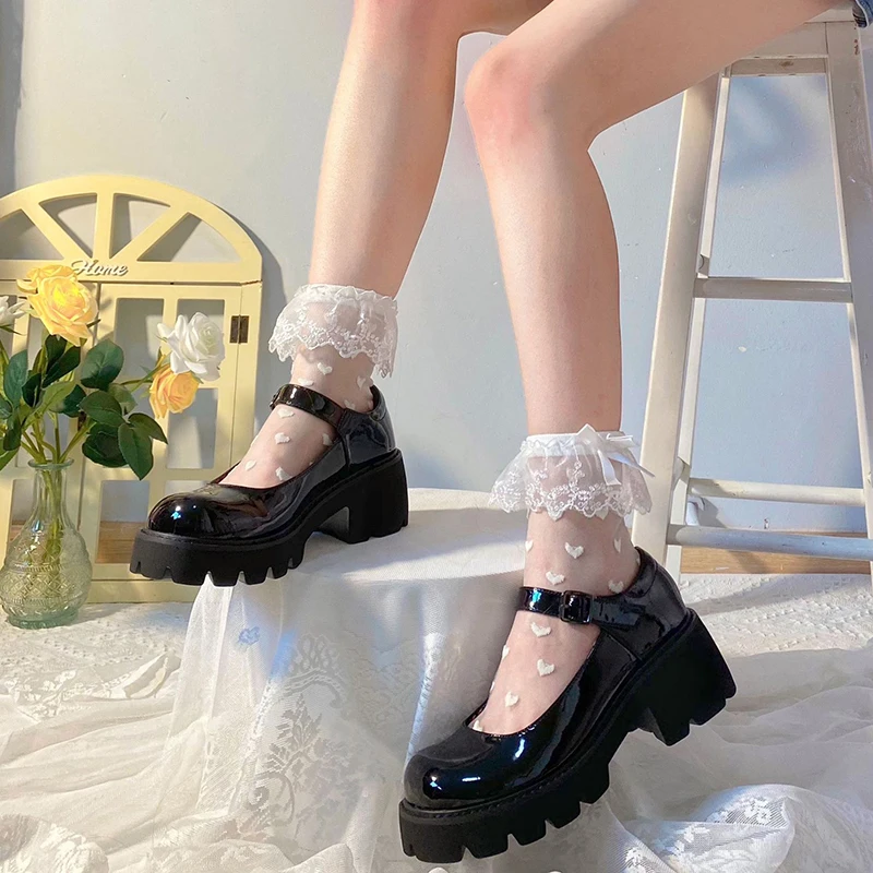 Women Lolita Transparent Mesh Crew Socks Sweet Ruffled Lace Trim Bowknot Cute Love Heart Pattern Anime Princess Hosiery