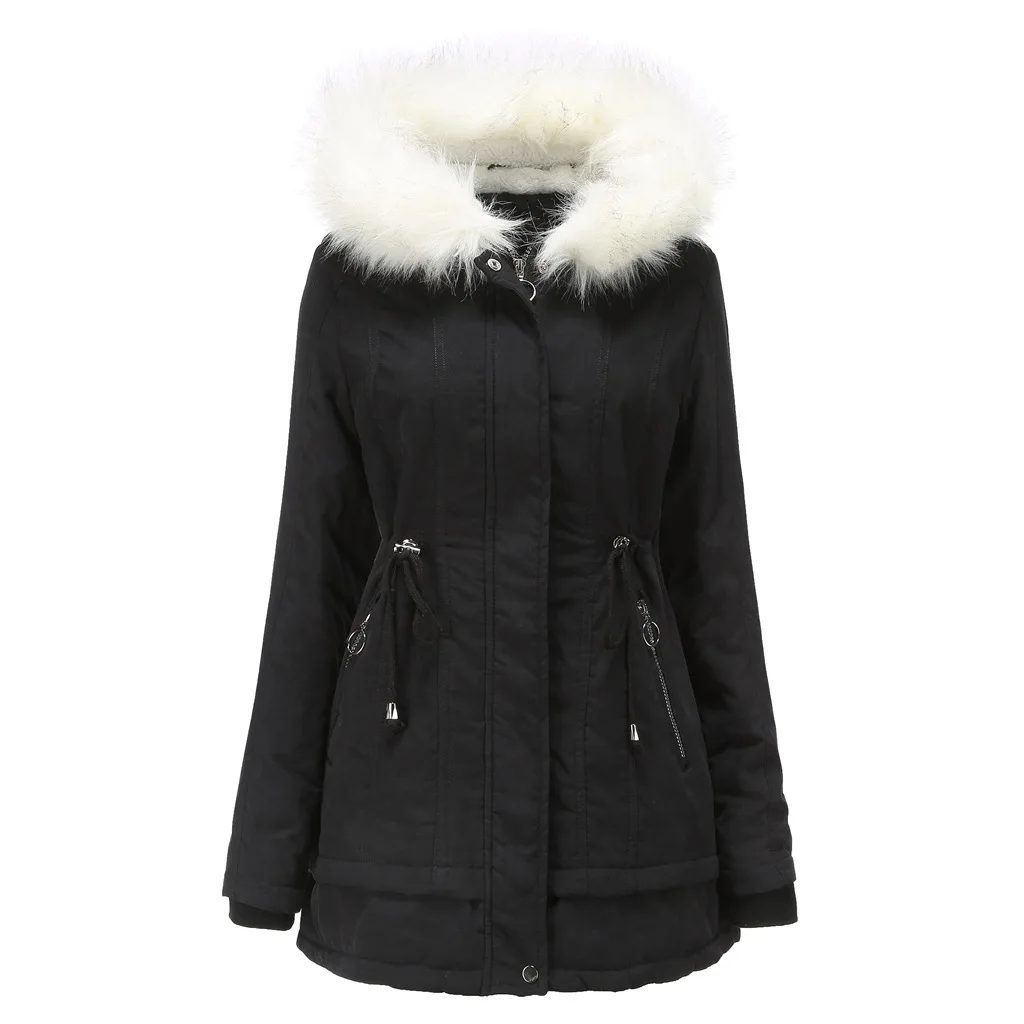 

EU Size Red Black With Fur Hat Thick Warm Casual Women's Winter Zip Up Jacket For 2022 Bomber Cargo Coat Padded Oversize Parkas