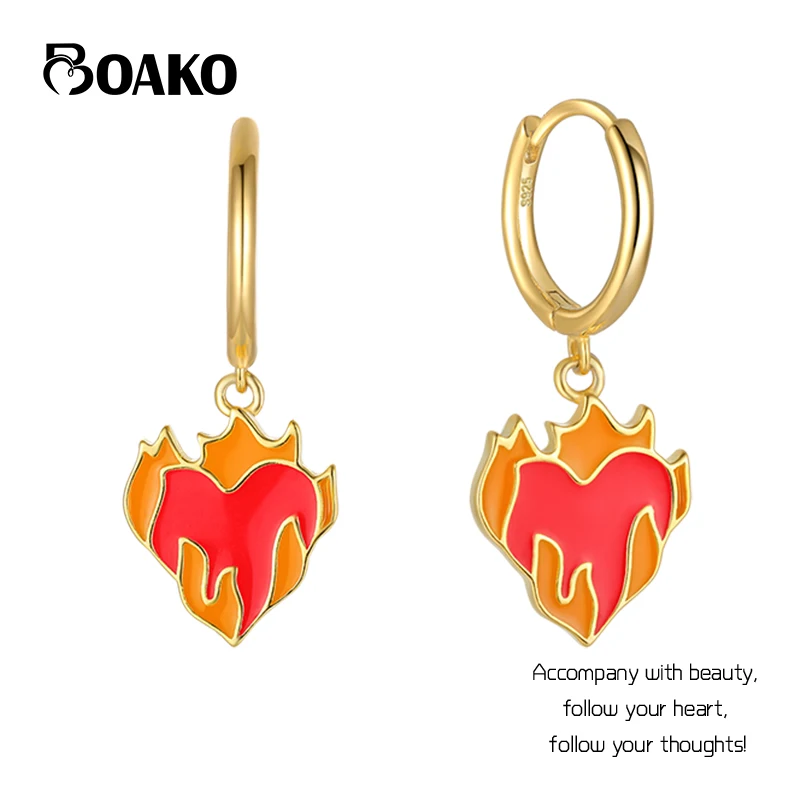 

BOAKO S925 Silver Red Enamel Flame Love Heart Gold Hoop Earrings For Women Girl Huggie Earring Pendientes Jewelry Gift Brincos