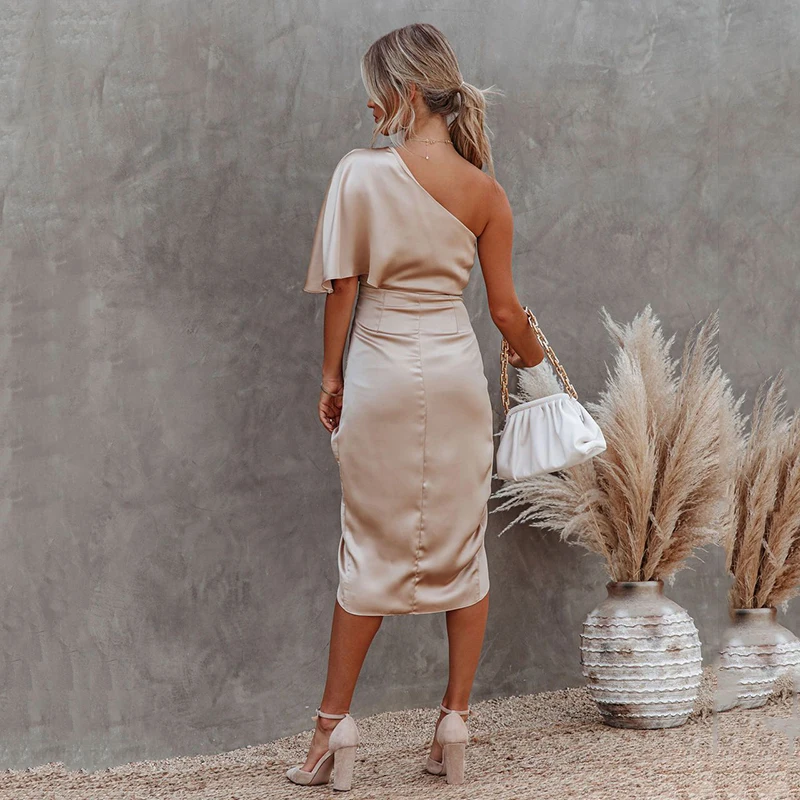 Self-Cultivation Sexy Party Silk Robe Satin Dress For Women Short Sleeve One Shoulder High Split Ruched Evening Dresses Autumn