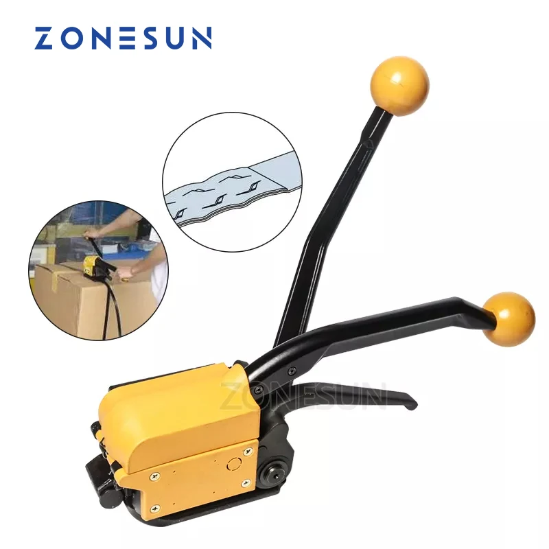 Zonesun Manual steel strapping tool A333 buckle free Sealless Handheld steel strapping machine for 13/16/19 mm steel strip strap