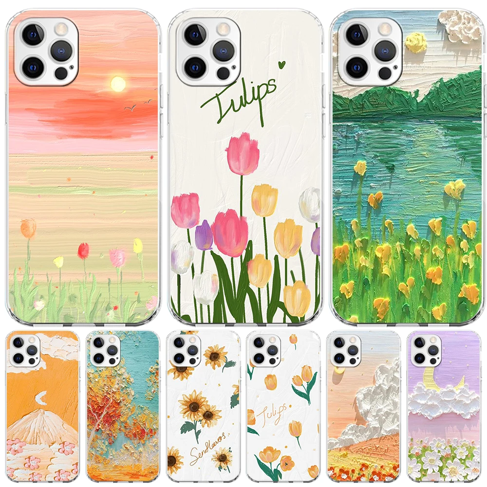 

Art Retro Oil Painting Flowers Case for iPhone 14 Plus 13 12 Mini 11 Pro Max XR XS 7 8 X 6 6s Plus SE 2020 Clear TPU Phone Cover