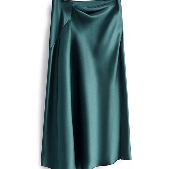Spring Summer 2022 Midi Skirts England Office Lady Satin High Waist Simple Elegant Long Irregular Skirt Women Blackish Green