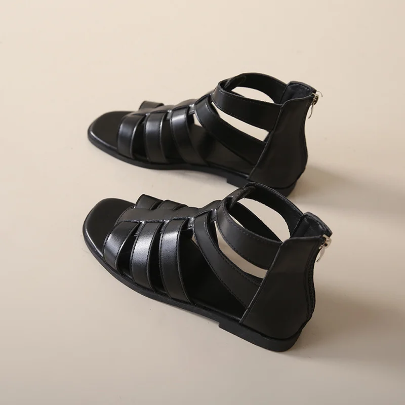 Women Solid Casual Retro Flat Sandals Vacation Outdoor Gladiator Zipper Sandals Summer hollow out Elegant PU Leather White Shoes