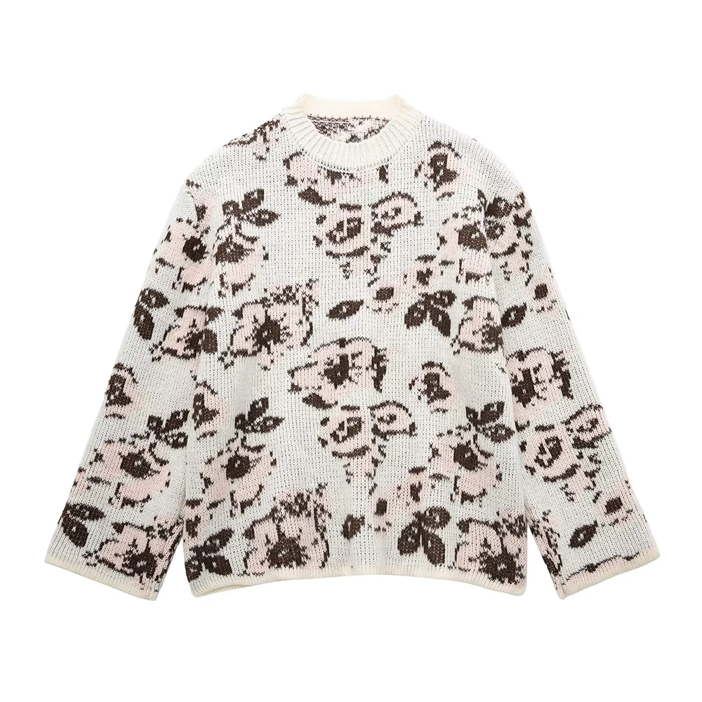 

WOMEN TRAF 2022 New Flower Jacquard Knit Sweater Casual Round Neck Retro Chic Long Sleeve Fashion Female Elegant Pullover