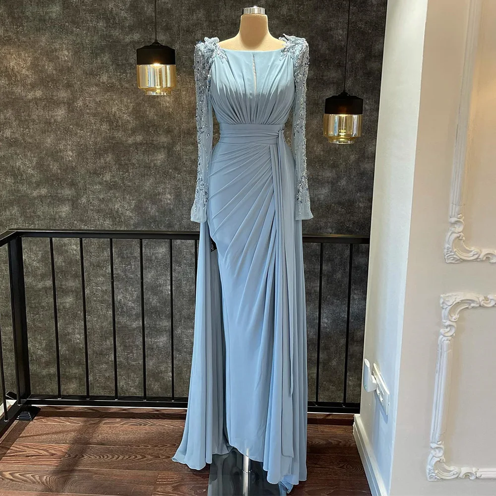 

Elegant Wedding Guest Gown for Wommen Light Sky Blue Chiffon Mother of the Bride Dress Long Sleeves Beaded Split Celebrity Dress