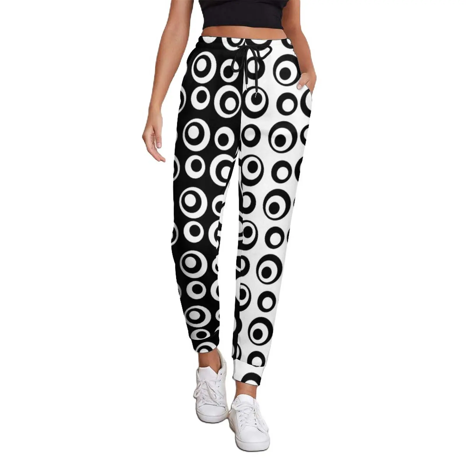 

Black And White Two Tone Baggy Pants Female Mod Love Circles Dots Street Wear Sweatpants Spring Kawaii Design Trousers Big Size