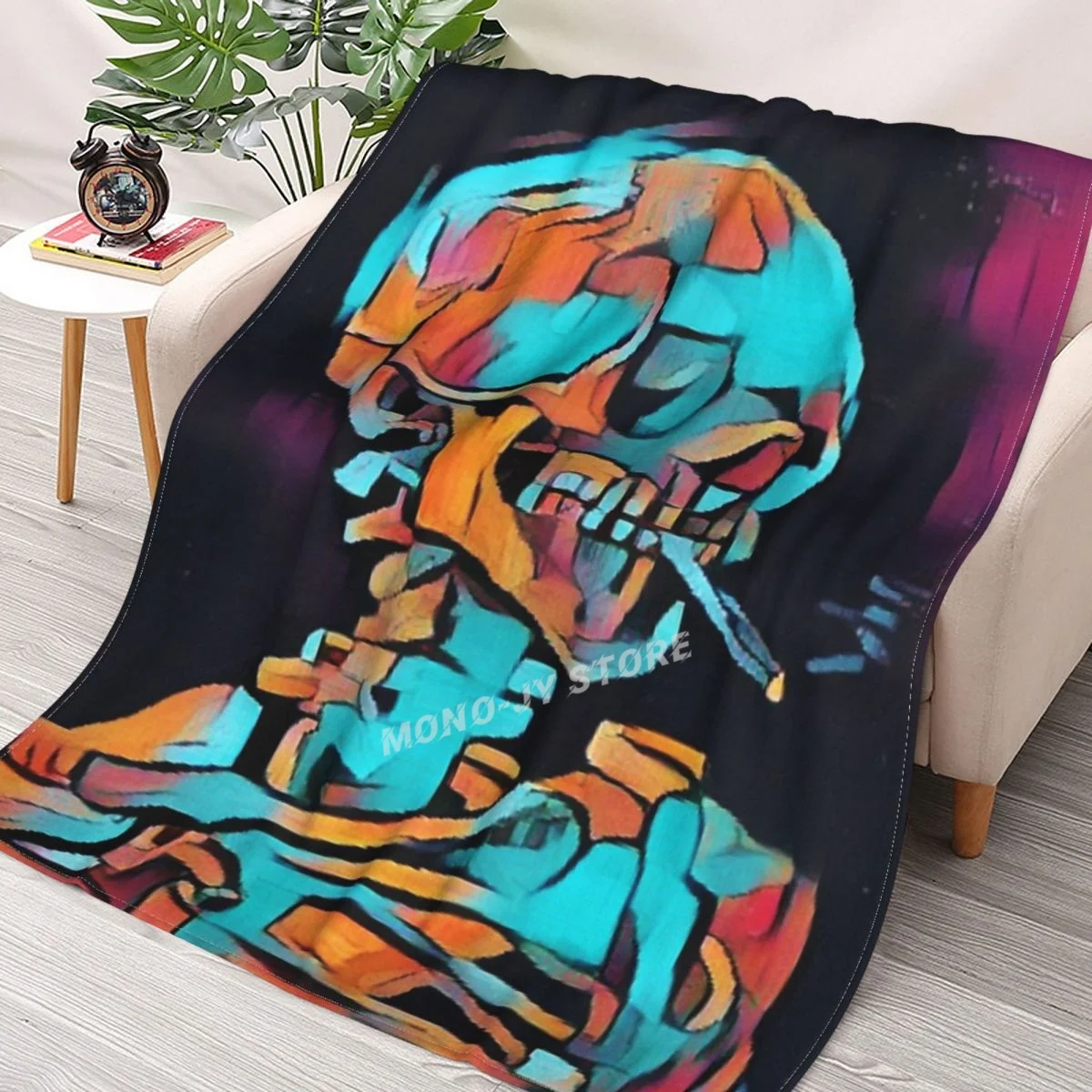

Vincent Van Gogh Skull Of A Skeleton With Burning Cigarette Structuralism Art Deco Effect Throw Blanket Sherpa Blanket Bedding