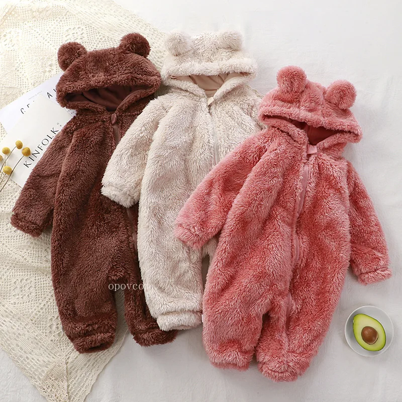 

0-36M Cute Bear Newborn Baby Hooded Rompers Autumn Winter Warm Jumpsuit Bodysuit Baby Boys Girl Costume Infant Clothing Outfits