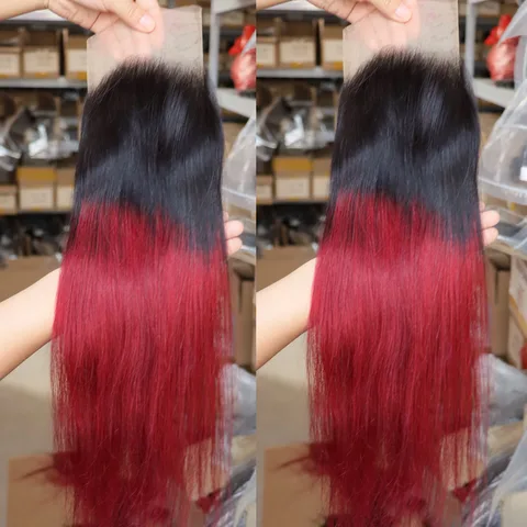 Ombre Color 1B Burg Red 4x4 5x5 13x4 13x6 Кружевная застежка Фронтальная часть человеческих волос Индийская прозрачная фронтальная застежка для черного цвета