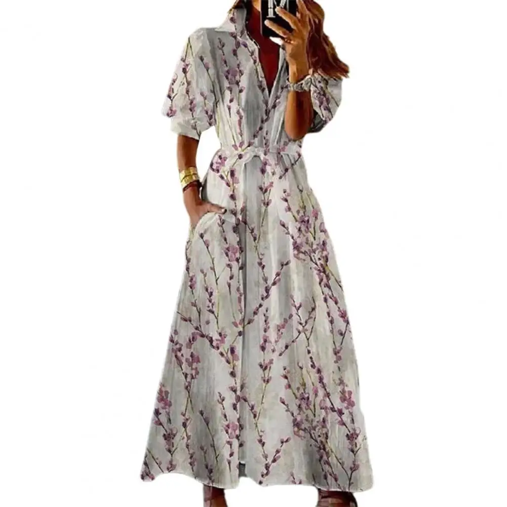 

Летнее элегантное платье-рубашка с пышными рукавами на шнуровке, макси-платье с отложным воротником и коротким рукавом и карманами, женская...