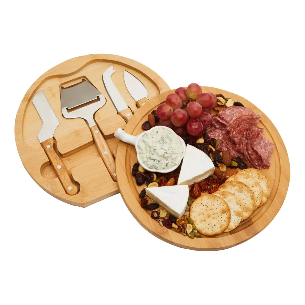 

4 piece set - Cheese Cutting Board and Knife Tools for Charcuterie Meat, Swivel Bamboo Tray, 10.2 x 1.5 inches