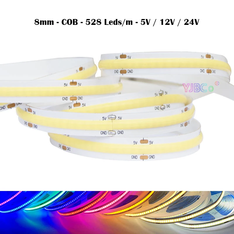 5V 12V 24V 528LEDs/m 5M COB LED Strip White/Warm white/Natural White/Blue/Ice Bule/Red/Green/Pink Flexible Light Tape  8mm FPCB