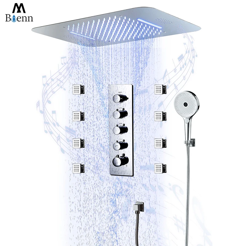 

M Boenn 4 Functions Music Shower System Polished Chrome High Pressure Waterfall Showerheads Bathroom Thermostatic Shower Faucets