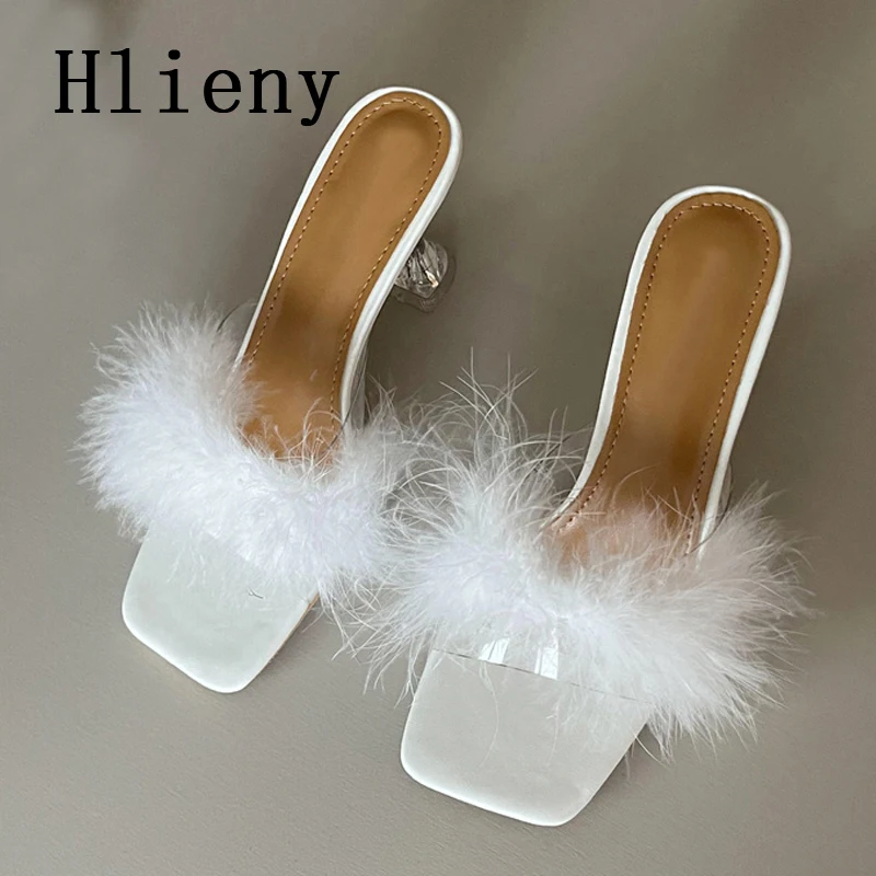 

Модные женские меховые шлепанцы Hlieny с розовыми перьями и прозрачными странными высокими каблуками, женские сандалии, женские туфли-лодочки...