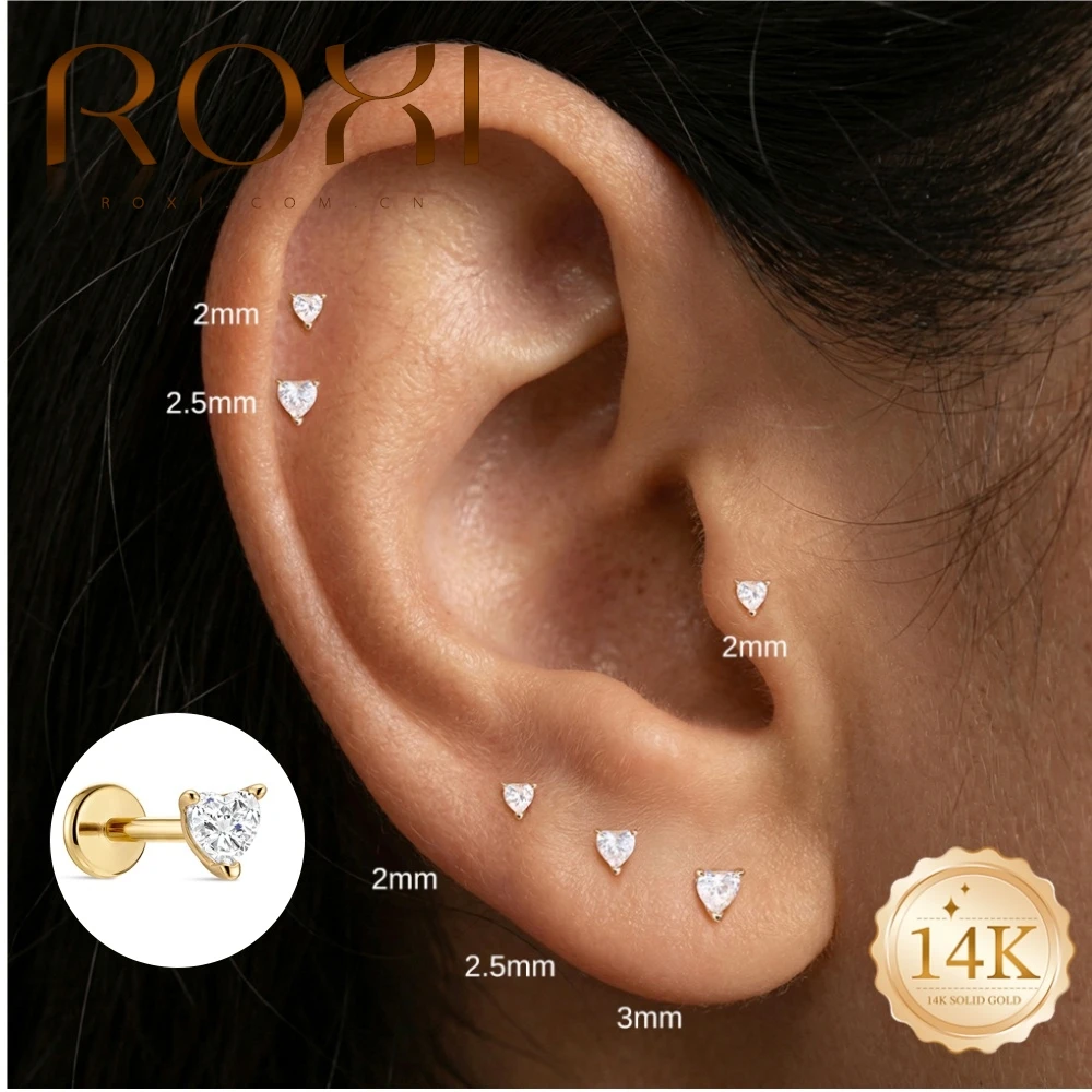 Фото ROXI 1 шт. 5 6 8 мм 14K цельное золото, серьга-гвоздик с фианитами в форме сердца, гипоаллергенная, с плоской задней частью, модная бижутерия для женщин на каждый день №1