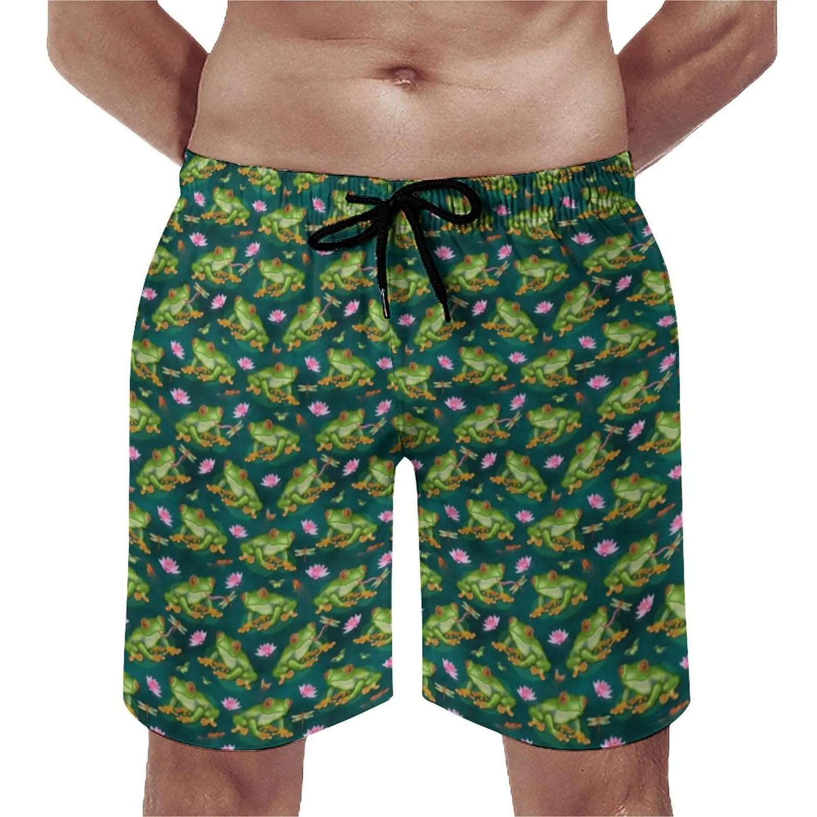 

Summer Gym Shorts Tropical Frog Print Running Surf Lily And Fish Pond Design Beach Short Pants Casual Quick Dry Swim Trunks