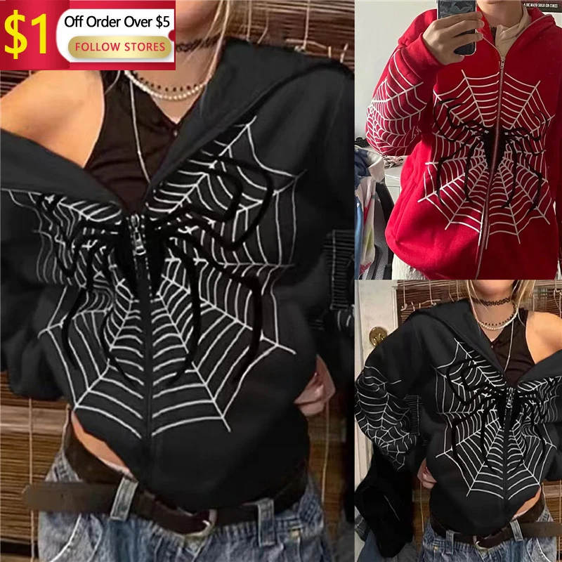 

Spider Red Graphic Hoodies Women'S Clothing Warm Harajuku Vintage Grunge Zip Up Hoodie For Men And Women Sweatshirt Tops
