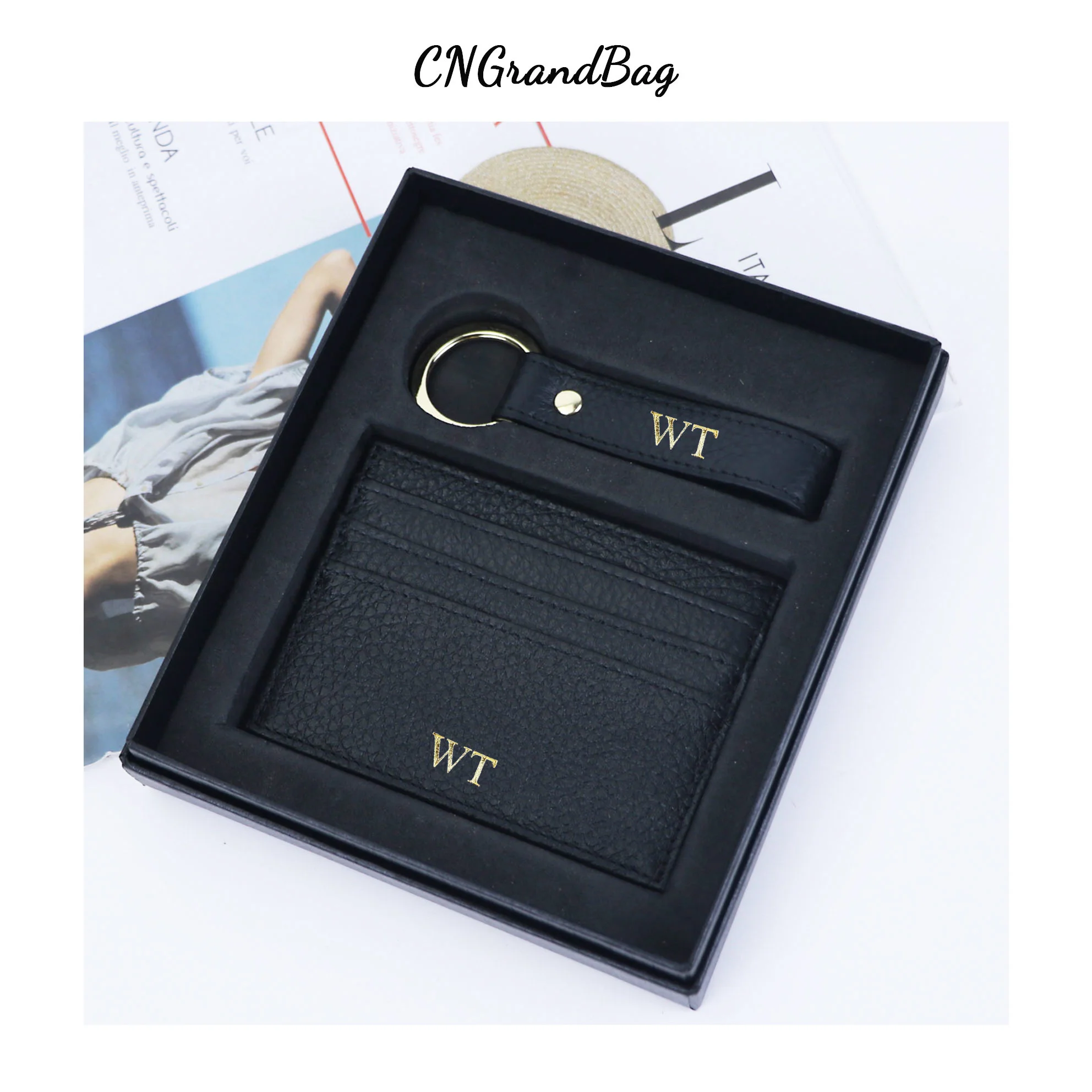 Free Customizable Hot Stamping Name Genuine Leather Cardholder Key Ring Gift Box Set