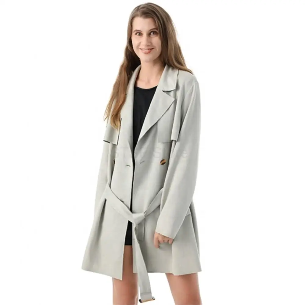 Women Winter Fashion Real Suede Long Duster double-breasted Lapel Pure Color Coat Real Suede Pocket Waist Belt Jacket