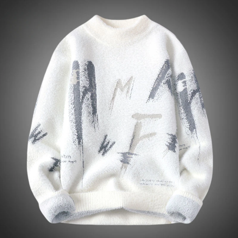 Свитер мужской зимний трикотажный с круглым вырезом и надписью