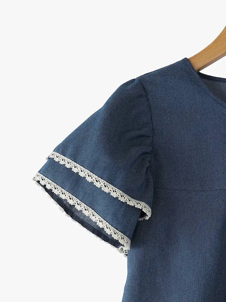 Летняя Блузка ZANZEA 2024 женская джинсовая голубая рубашка с коротким рукавом