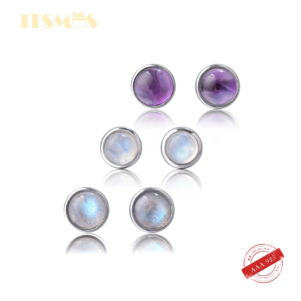 ITSMOS Amethyst Moonstone Labradorite Earrings Lovely Round Natural Gems Earrings S925 Silver Studs Simple for Women Gift