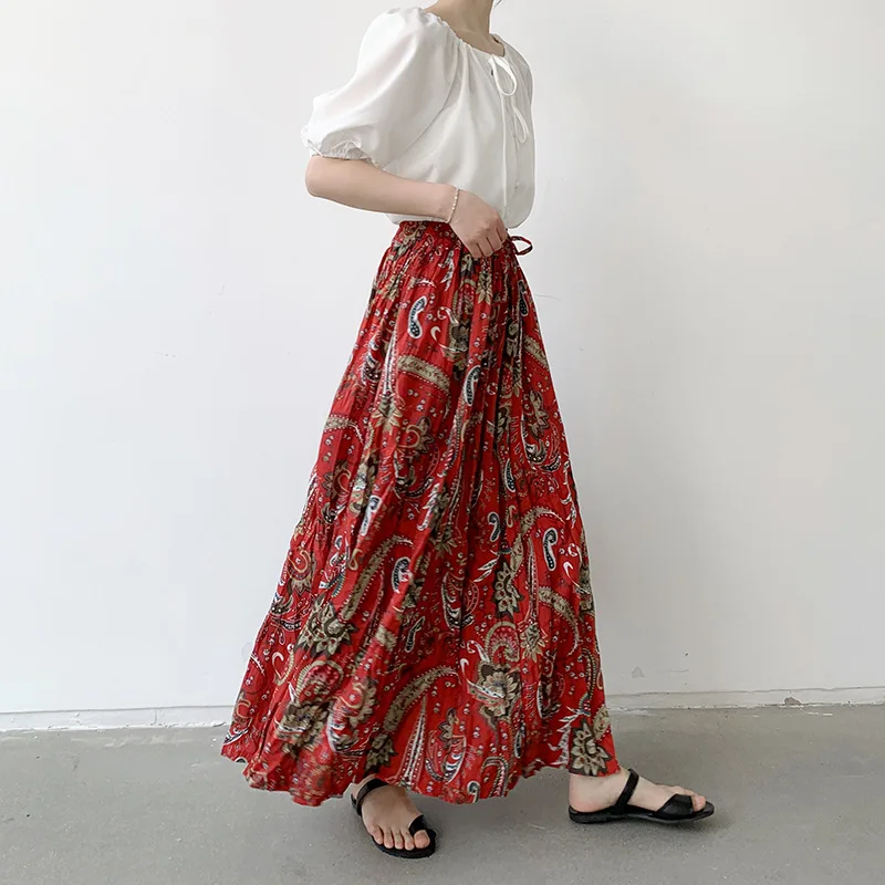 Bohemian Long Skirts Women High Waisted Elastic Fashion Sweet Retro Printing A Line Midi Pleated Skirt Clothing 2023 Summer New