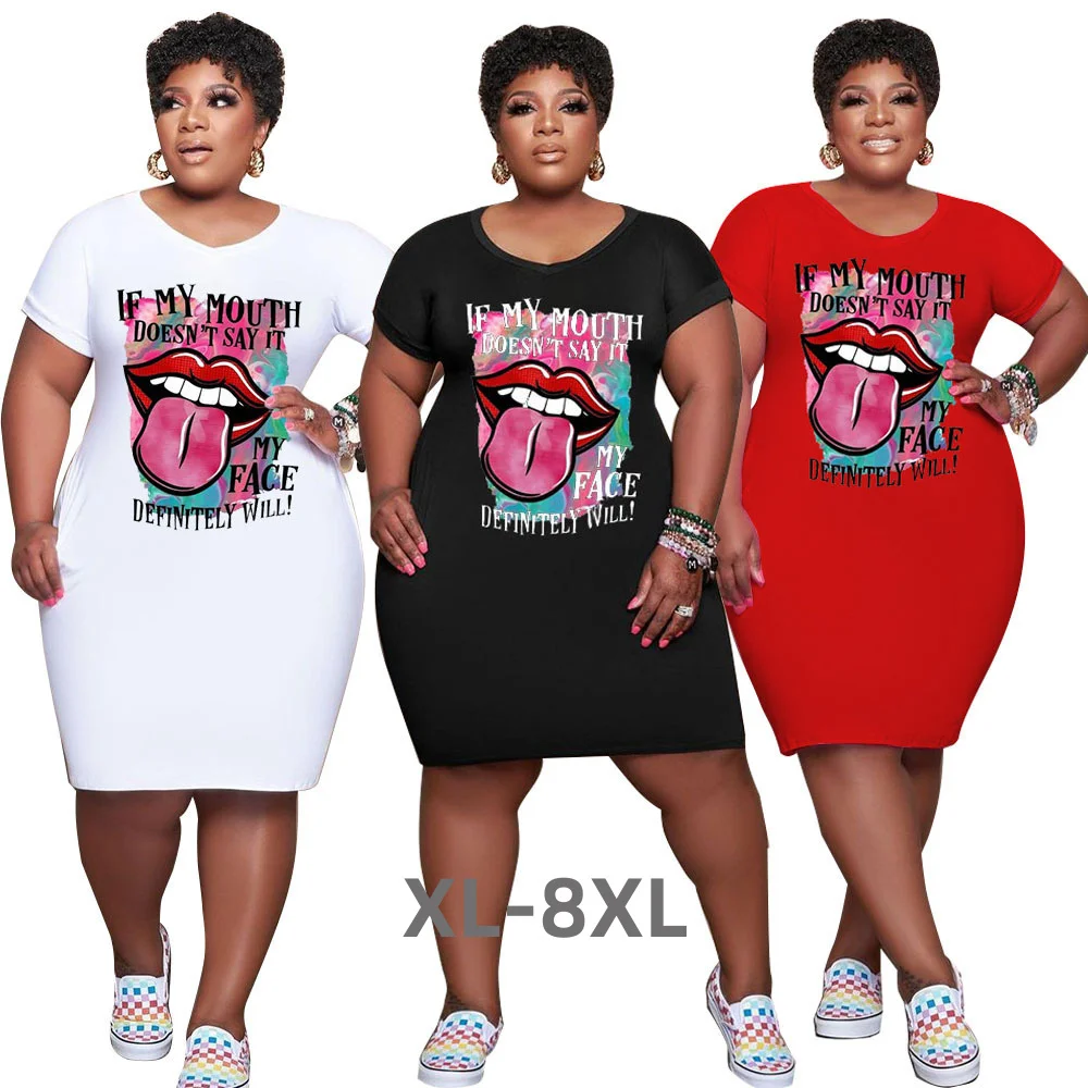 Plus Size Casual Dresses for Women Summer Clothing Lip Print o Neck Loose Stretch Midi Dress 2023 3xl 4xl 5xl 6xl